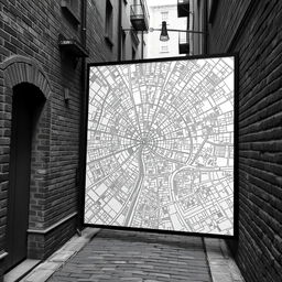 A detailed city map displayed in a narrow street alley, rendered in black and white