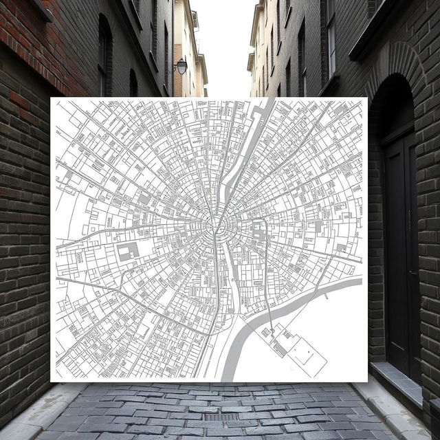 A detailed city map displayed in a narrow street alley, rendered in black and white