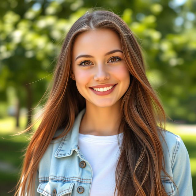 A realistic portrait of a woman with long flowing brown hair, big bright brown eyes, and a warm smile