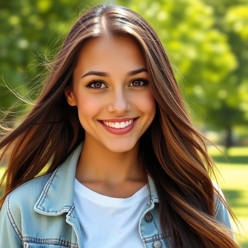 A realistic portrait of a woman with long flowing brown hair, big bright brown eyes, and a warm smile