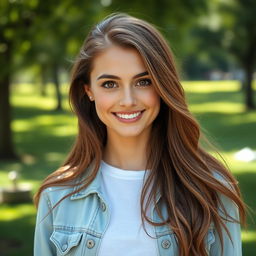 A realistic portrait of a woman with long flowing brown hair, big bright brown eyes, and a warm smile