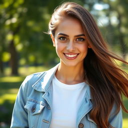 A realistic portrait of a woman with long flowing brown hair, big bright brown eyes, and a warm smile