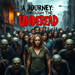 A dramatic scene depicting a group of diverse people, including men and women of various ethnicities, standing together in a tense, urban street environment surrounded by an army of zombies