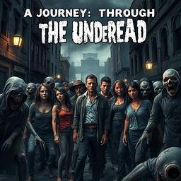 A dramatic scene depicting a group of diverse people, including men and women of various ethnicities, standing together in a tense, urban street environment surrounded by an army of zombies
