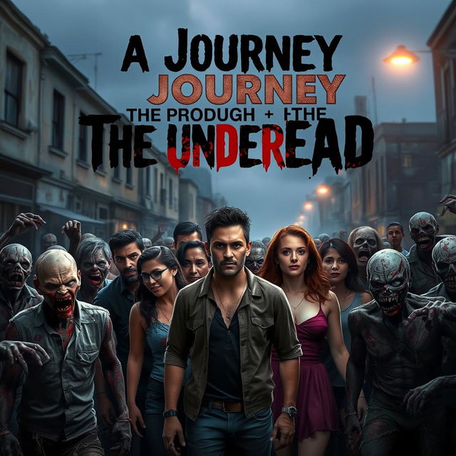 A dramatic scene depicting a group of diverse people, including men and women of various ethnicities, standing together in a tense, urban street environment surrounded by an army of zombies