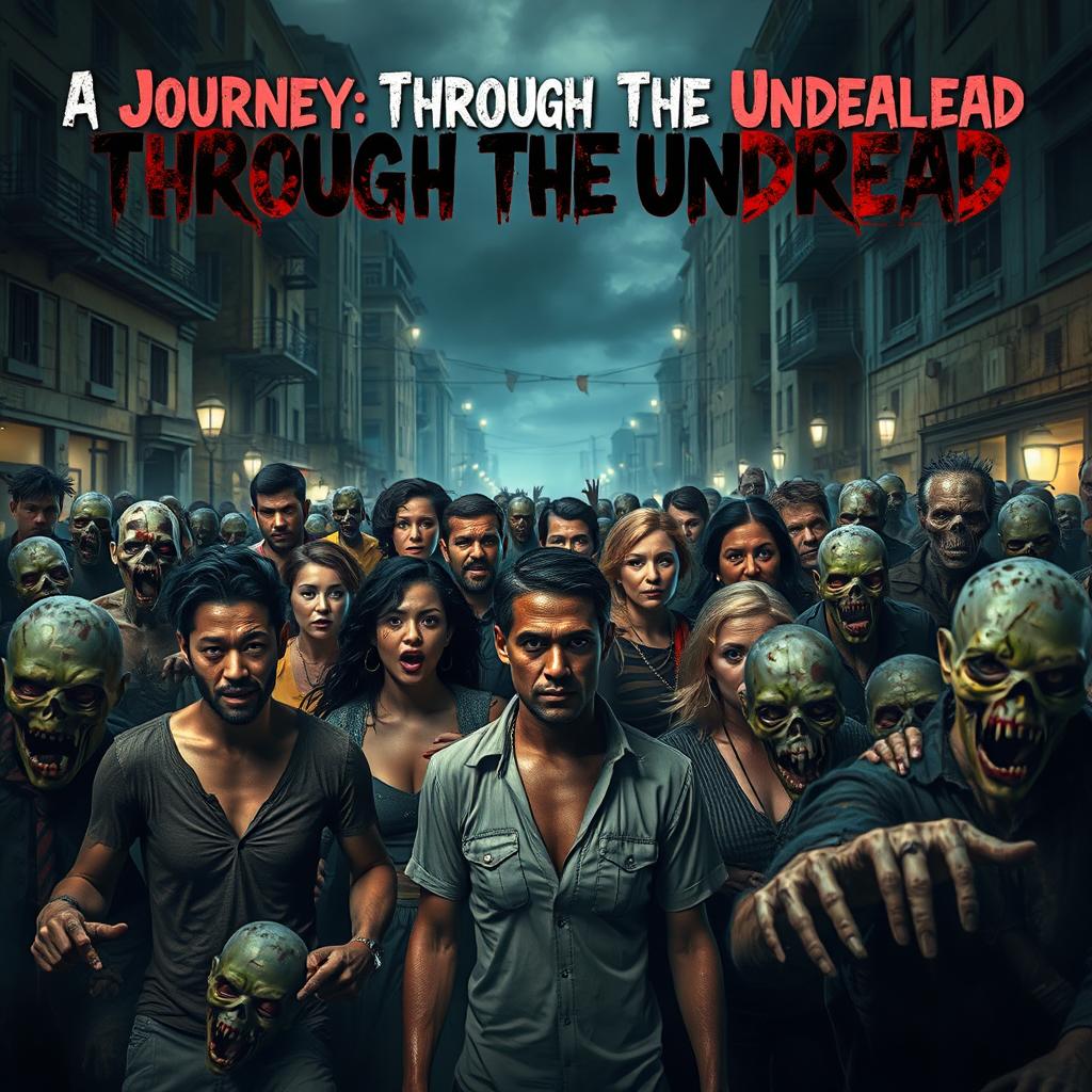 A dramatic scene depicting a group of diverse people, including men and women of various ethnicities, standing together in a tense, urban street environment surrounded by an army of zombies