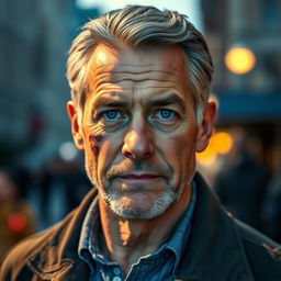 A man in his 50s with striking blue eyes and a prominent scar on his left cheek, exuding a rugged charm