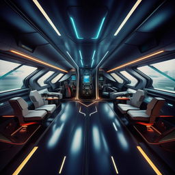 interior of futuristic fighter jet with glass panel demarcating front cabin from back cabin