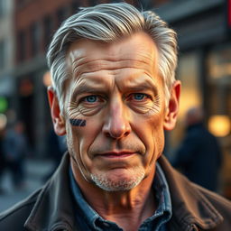 A man in his 50s with striking blue eyes and a prominent scar on his left cheek, exuding a rugged charm