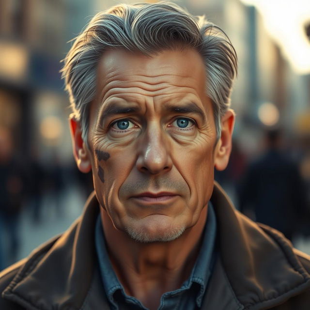 A man in his 50s with striking blue eyes and a prominent scar on his left cheek, exuding a rugged charm