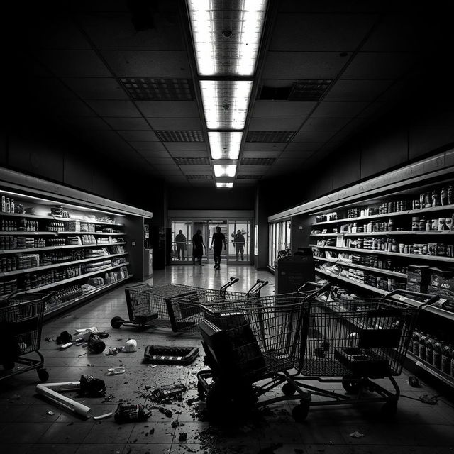 A desolate supermarket in a zombie apocalypse, captured in stunning black and white