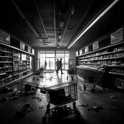 A desolate supermarket in a zombie apocalypse, captured in stunning black and white