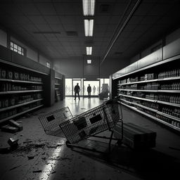 A desolate supermarket in a zombie apocalypse, captured in stunning black and white