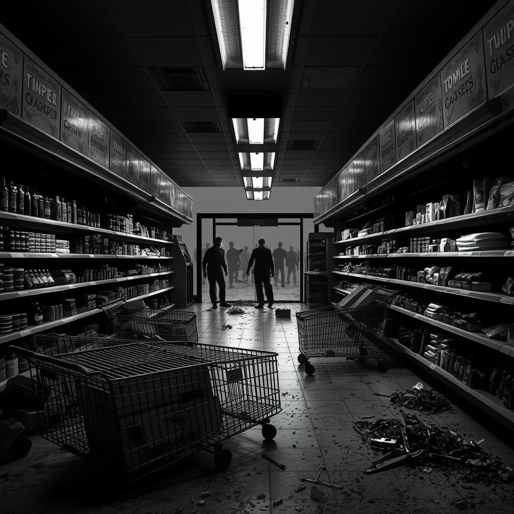 A desolate supermarket in a zombie apocalypse, captured in stunning black and white