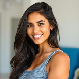 A 35-year-old woman with dark hair, exuding a natural beauty and athletic physique