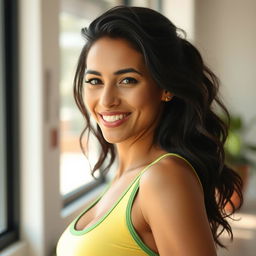 A 35-year-old woman with dark hair, exuding a natural beauty and athletic physique