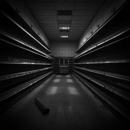 A dramatic and haunting scene of a supermarket interior with completely empty shelves, conveying a sense of desolation and abandonment