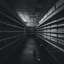 A dramatic and haunting scene of a supermarket interior with completely empty shelves, conveying a sense of desolation and abandonment