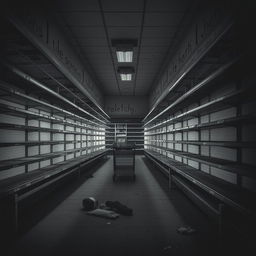 A dramatic and haunting scene of a supermarket interior with completely empty shelves, conveying a sense of desolation and abandonment