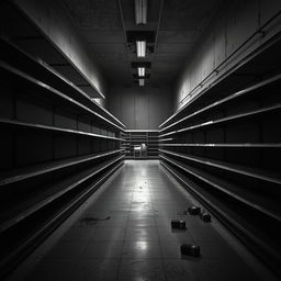 A dramatic and haunting scene of a supermarket interior with completely empty shelves, conveying a sense of desolation and abandonment