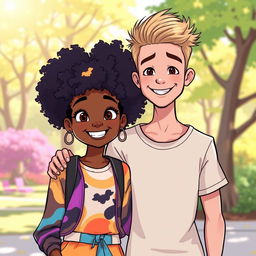 A cartoon illustration of a smiling black teen girl with natural curly hair wearing a colorful outfit, standing next to a smiling skinny Caucasian teen boy with dirty blonde hair and a casual t-shirt