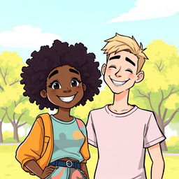 A cartoon illustration of a smiling black teen girl with natural curly hair wearing a colorful outfit, standing next to a smiling skinny Caucasian teen boy with dirty blonde hair and a casual t-shirt