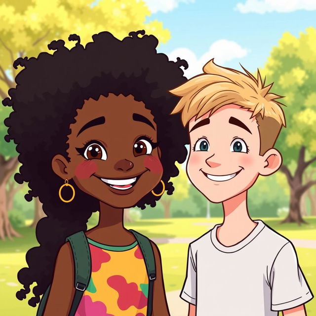 A cartoon illustration of a smiling black teen girl with natural curly hair wearing a colorful outfit, standing next to a smiling skinny Caucasian teen boy with dirty blonde hair and a casual t-shirt