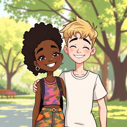 A cartoon illustration of a smiling black teen girl with natural curly hair wearing a colorful outfit, standing next to a smiling skinny Caucasian teen boy with dirty blonde hair and a casual t-shirt