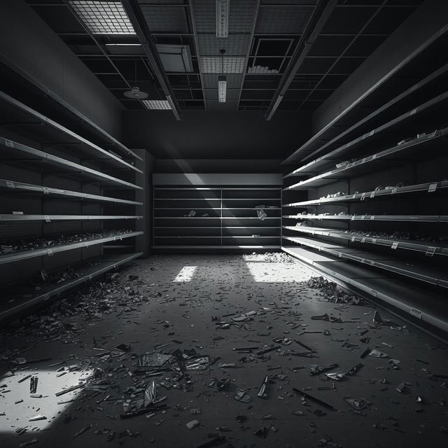 A stark, desolate scene of a supermarket, showcasing destroyed interior with shattered glass scattered across the floor