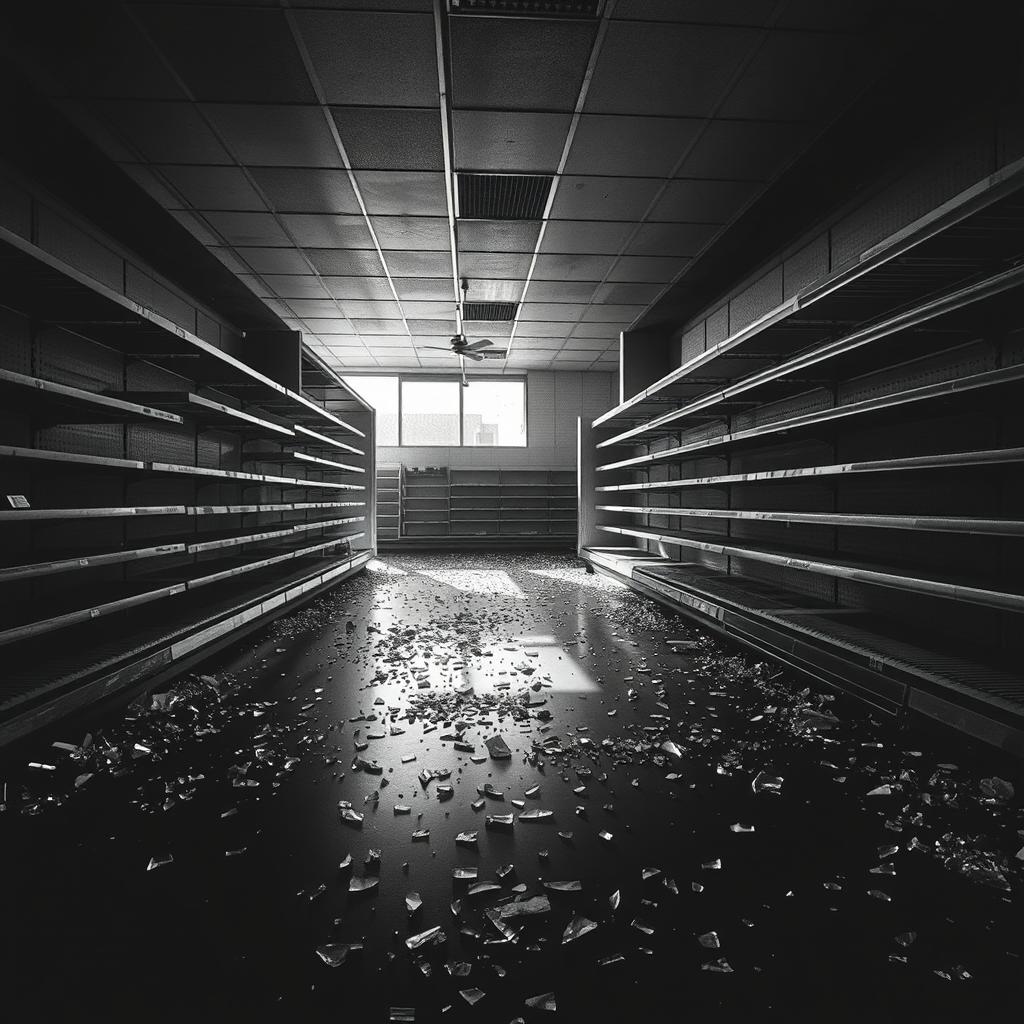 A stark, desolate scene of a supermarket, showcasing destroyed interior with shattered glass scattered across the floor