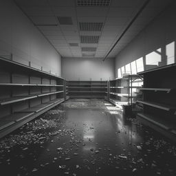 A stark, desolate scene of a supermarket, showcasing destroyed interior with shattered glass scattered across the floor