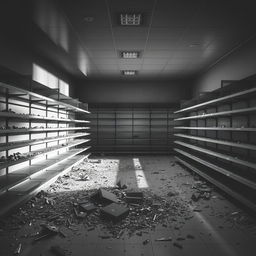 A stark, desolate scene of a supermarket, showcasing destroyed interior with shattered glass scattered across the floor