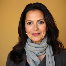 A 40-year-old woman with dark hair, showcasing her natural beauty and Brazilian features