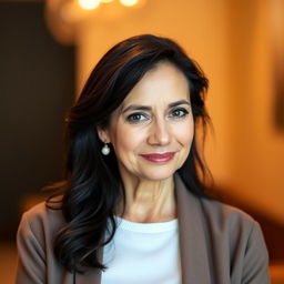 A 40-year-old woman with dark hair, showcasing her natural beauty and Brazilian features