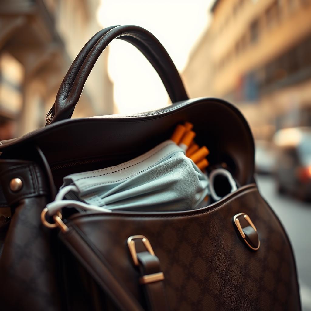 A stylish woman’s handbag opened up slightly, revealing a fashionable face mask and a pack of cigarettes tucked inside