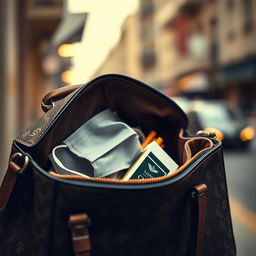 A stylish woman’s handbag opened up slightly, revealing a fashionable face mask and a pack of cigarettes tucked inside