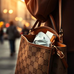 A stylish woman’s handbag opened up slightly, revealing a fashionable face mask and a pack of cigarettes tucked inside