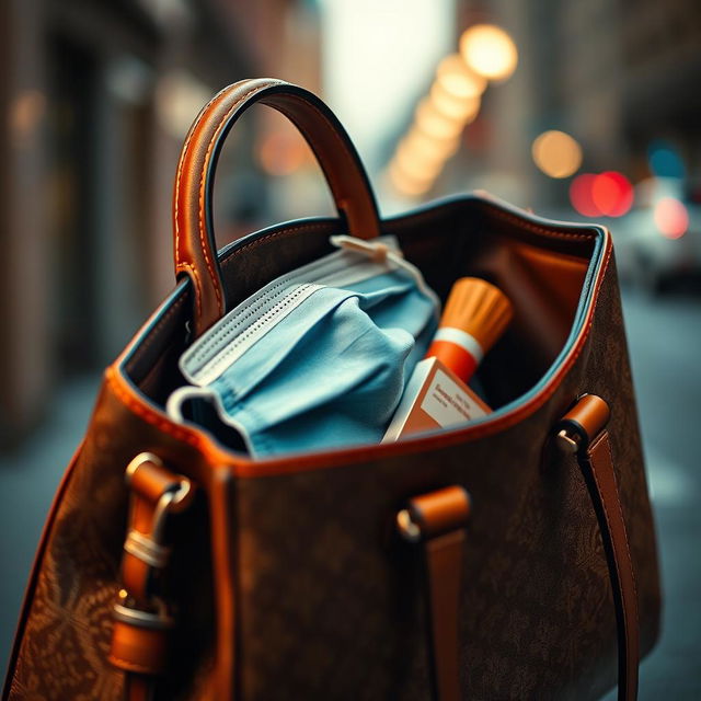 A stylish woman’s handbag opened up slightly, revealing a fashionable face mask and a pack of cigarettes tucked inside