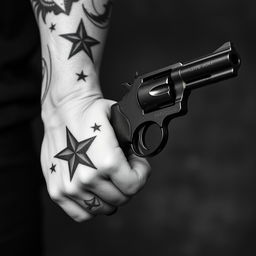 A close-up view of a strong male arm adorned with a detailed star tattoo, gripping a vintage revolver
