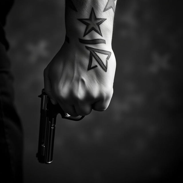 A close-up view of a strong male arm adorned with a detailed star tattoo, gripping a vintage revolver