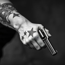 A close-up view of a strong male arm adorned with a detailed star tattoo, gripping a vintage revolver