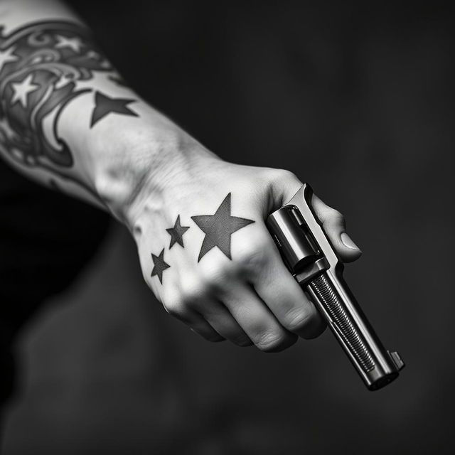 A close-up view of a strong male arm adorned with a detailed star tattoo, gripping a vintage revolver