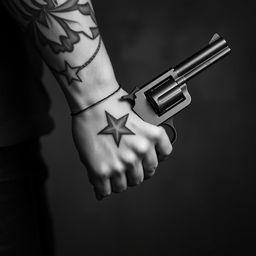 A close-up view of a strong male arm adorned with a detailed star tattoo, gripping a vintage revolver