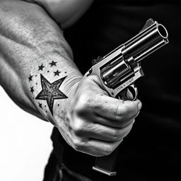 A close-up of a muscular arm featuring a bold star tattoo, gripping a classic revolver
