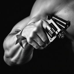 A close-up of a muscular arm featuring a bold star tattoo, gripping a classic revolver