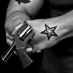 A close-up of a muscular arm featuring a bold star tattoo, gripping a classic revolver