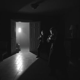 A tense, suspenseful scene of an ambush taking place inside a dimly lit house