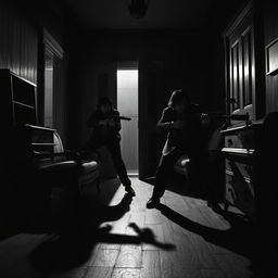 A tense, suspenseful scene of an ambush taking place inside a dimly lit house