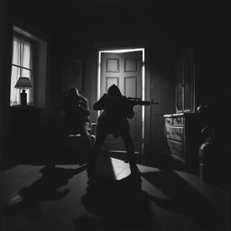 A tense, suspenseful scene of an ambush taking place inside a dimly lit house