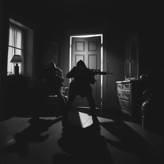 A tense, suspenseful scene of an ambush taking place inside a dimly lit house